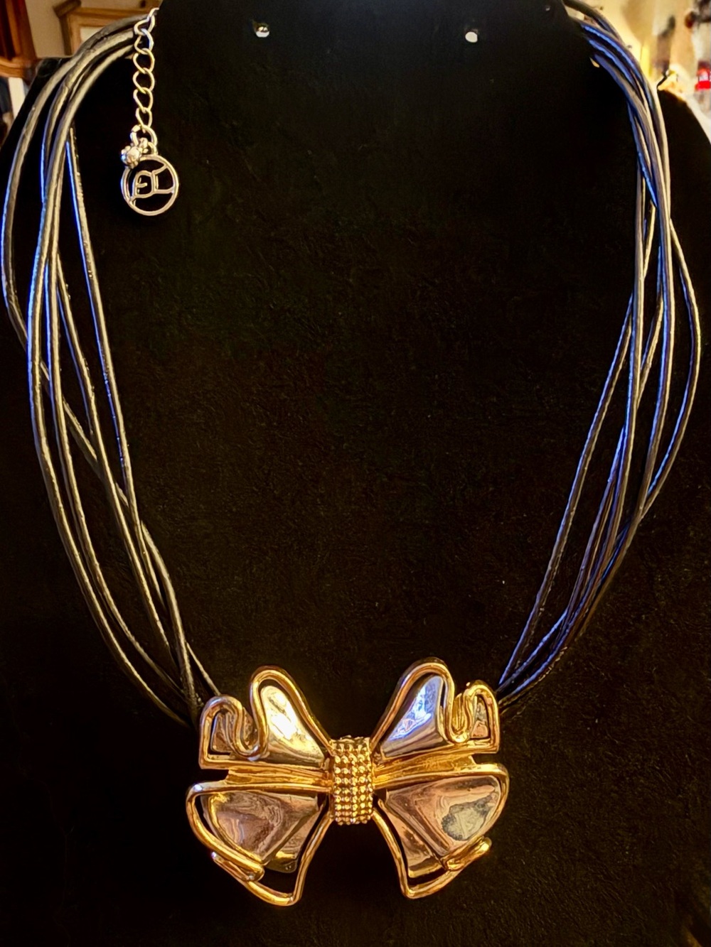 Erica Lyons Gold Bow Pendant Multi-Strand Black Cord Necklace